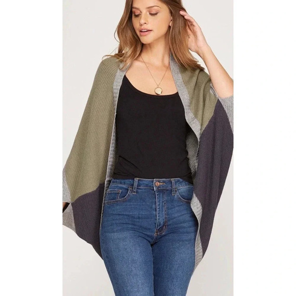She and Sky Jackets & Blazers - Rust/green Colorblock Dolman Sleeve Cocoon Cardigan one size shall, coat